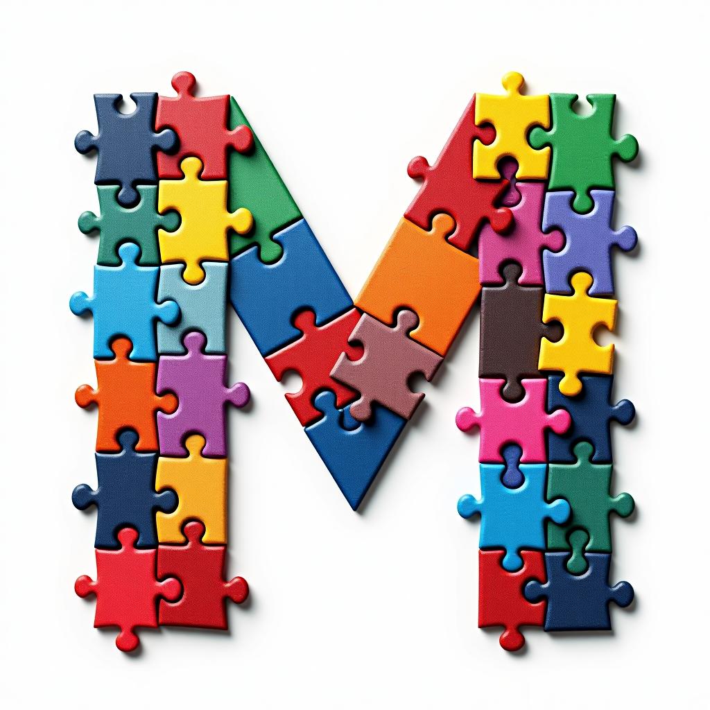  design a logo, abstract logo of letter m from colored puzzles on white background.