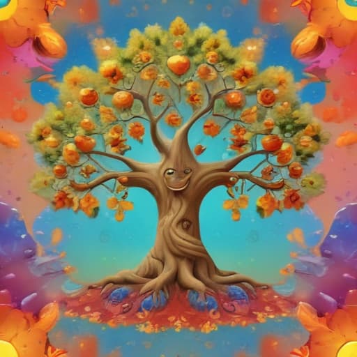 A happy tree with smiling leaves against a backdrop of abstract, vibrant colors. in Mythologisch style