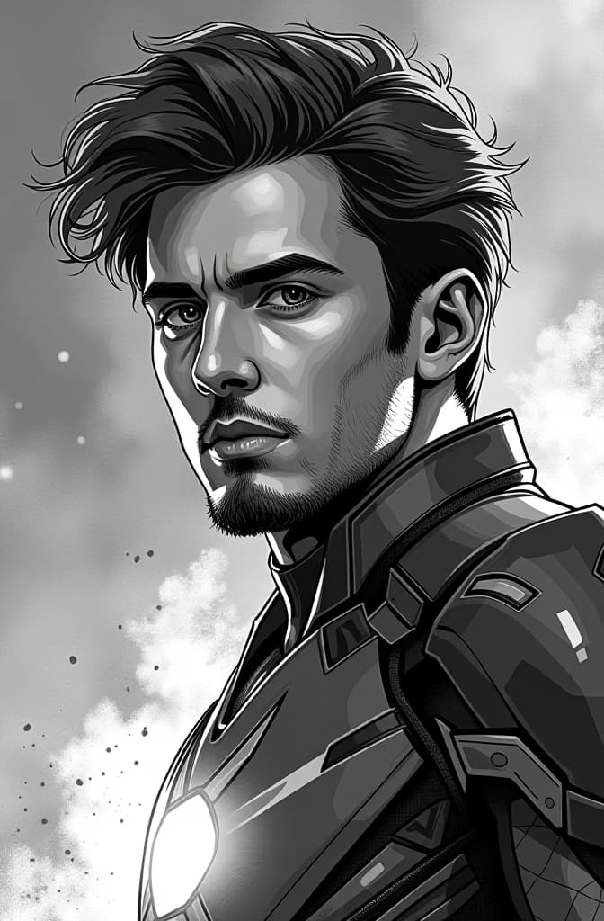  iron man en noir et blanc , spiderman, marvel comic panel, comic panel, manga and manhwa style panel, portrait, young person face, spiderverse style, style for marvel comic, anime comic panel style hyperrealistic, full body, detailed clothing, highly detailed, cinematic lighting, stunningly beautiful, intricate, sharp focus, f/1. 8, 85mm, (centered image composition), (professionally color graded), ((bright soft diffused light)), volumetric fog, trending on instagram, trending on tumblr, HDR 4K, 8K