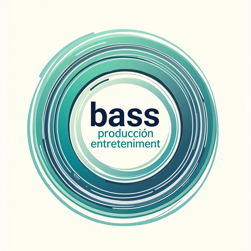  design a logo, un logotipo de empresa audio visual con un logotipo de vórtice circular, diseño limpio y hermoso, simple, estética hermosa, duotono azul y verde azulado sobre fondo blanco, líneas nítidas y limpias, with the text 'bass producciÓn entreteniment '.