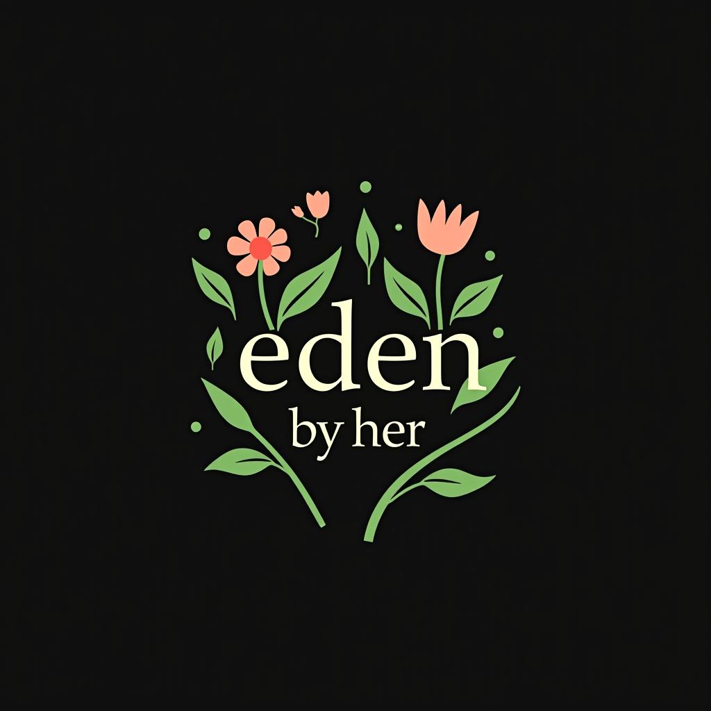  design a logo, custom logo design on an isolated black background decorated by simple sharp accented greens and flowers and gardening theme, with the text 'eden by her'.