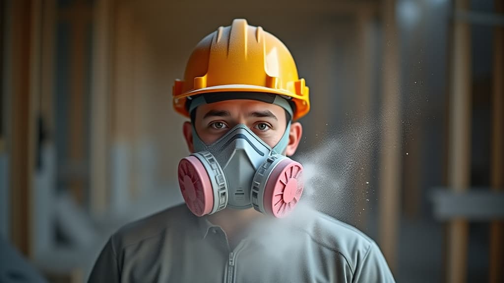  professional construction worker wearing a high grade dust mask, surrounded by lot of floating particles of glass wool dust in a construction site