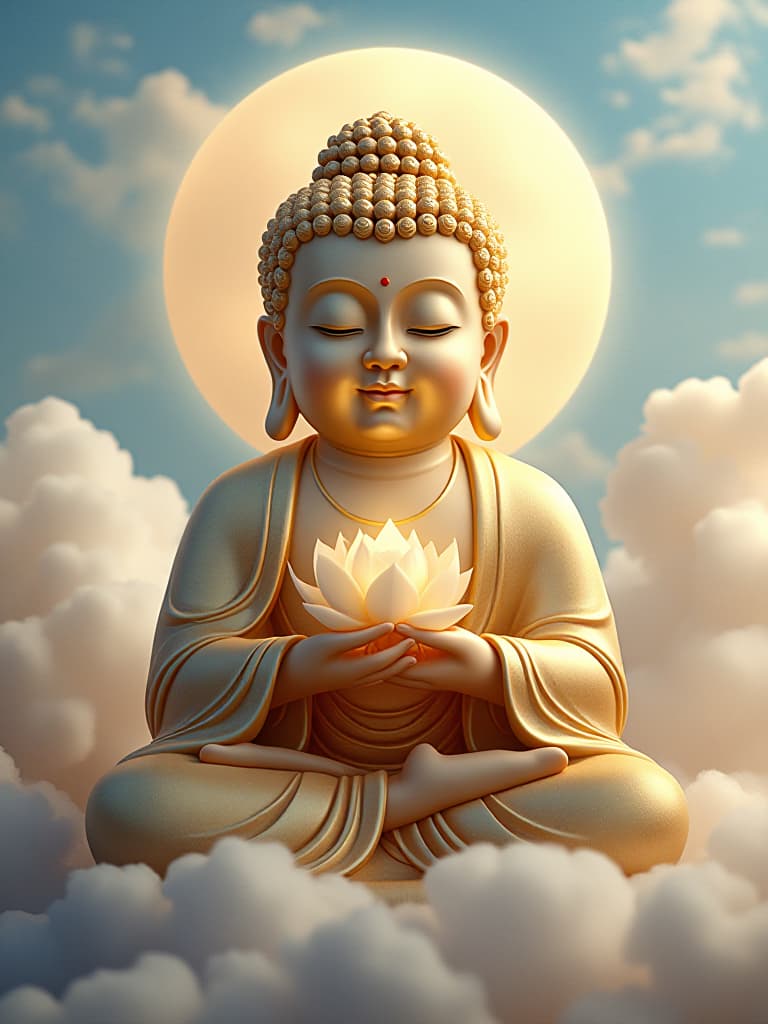  the image of the sacred buddha, with a sweet face, with a tiny low head, with a lotus flower in his hands, in gold or white, with a soft halo on his back. the eyes of the buddha are merciful, with a gentle smile in their mouths, in the sky surrounding the cloud, with the flowers blooming, and with a breath of peace and wisdom. the whole picture is a peaceful and sacred atmosphere, with a soft light and a gentle colour。