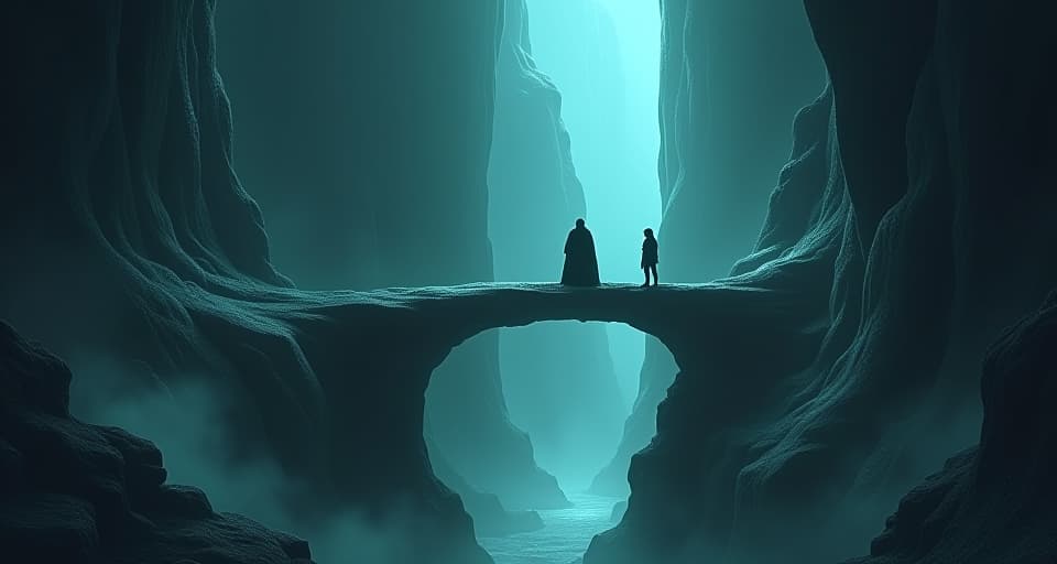  a shadowy chamber with a makeshift, ancient stone bridge hovering in the air, dark figures attempt to cross it. ethereal barriers shimmer, symbolizing the vast chasm between the realms.. the style is digital art illustration,highly detailed, whimsical,magical, dreamlike atmosphere, realism and fantasy blend, smooth, glossy textures,luminous quality, wonder and enchantment.