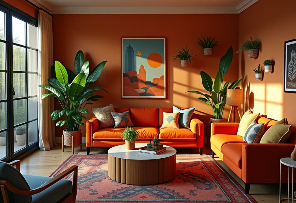  a landscape photo of an eclectic living room featuring a mix of bold colored furniture, global inspired textiles, and a collection of unique wall mounted planters, viewed from a wide angle perspective hyperrealistic, full body, detailed clothing, highly detailed, cinematic lighting, stunningly beautiful, intricate, sharp focus, f/1. 8, 85mm, (centered image composition), (professionally color graded), ((bright soft diffused light)), volumetric fog, trending on instagram, trending on tumblr, HDR 4K, 8K