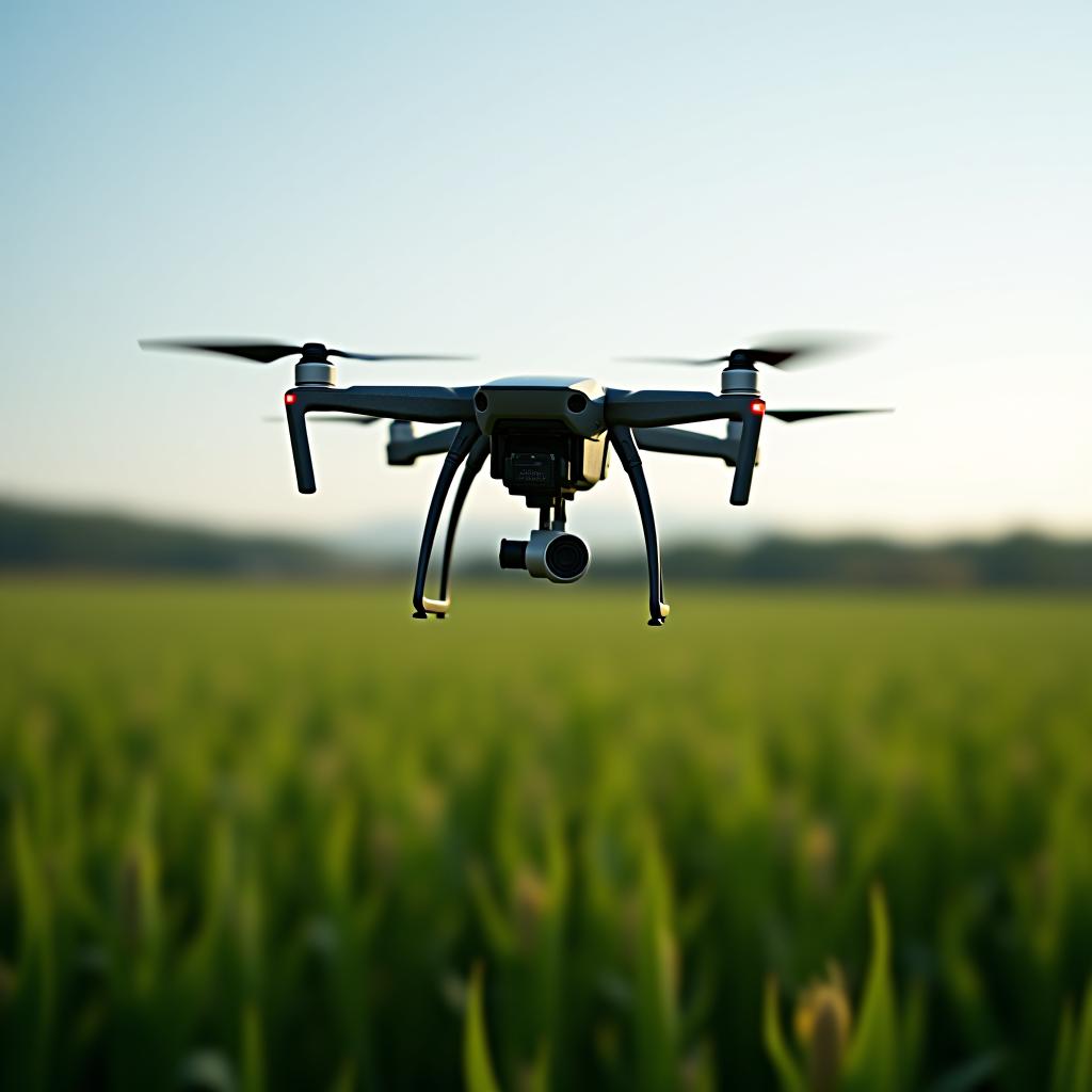  a drone flying over a cornfield, smart tech used for monitoring the fields in agriculture, automation and innovation through artificial intelligence