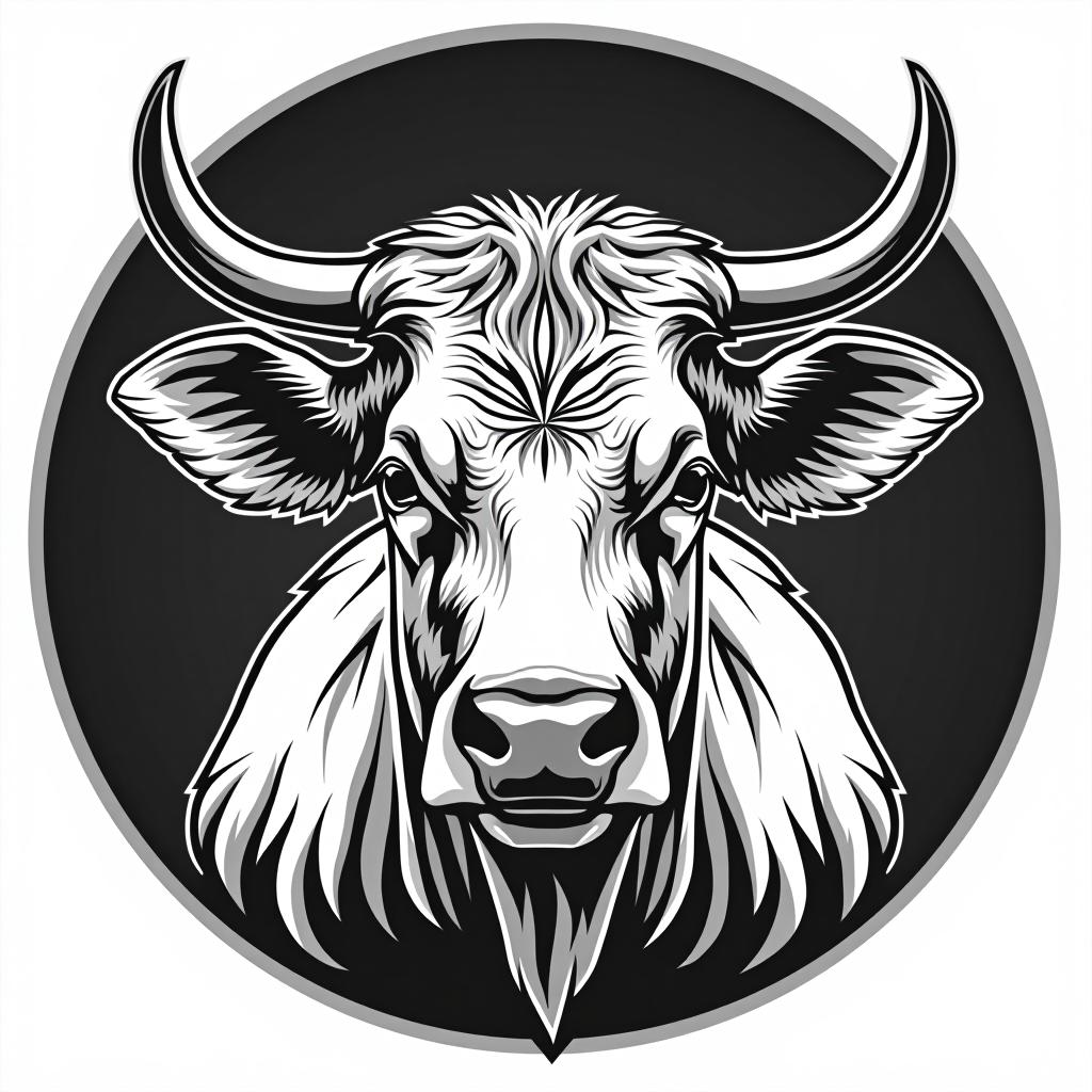  cow head, zoo, cseri zoo farm, circle , (logo:1.15), black and white, hq, hightly detailed, 4k