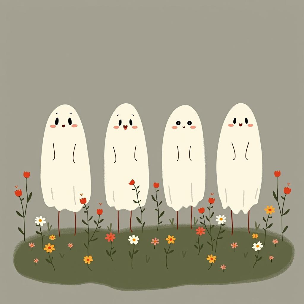  create a digital illustration featuring a row of four or five cute, cartoonish ghost characters, each with a different appearance, standing in different positions within sparse, life like wildflowers.