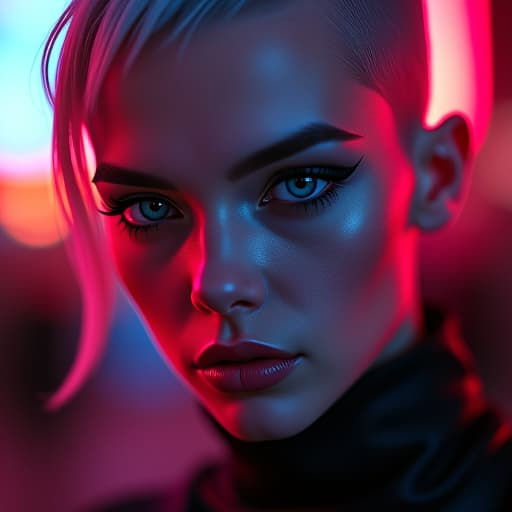  ultra realistic close up portrait ((beautiful pale cyberpunk female with heavy black eyeliner)), blue eyes, shaved side haircut, hyper detail, cinematic lighting, magic neon, dark red city, canon eos r3, nikon, f/1.4, iso 200, 1/160s, 8k, raw, unedited, symmetrical balance, in frame, 8k hyperrealistic, full body, detailed clothing, highly detailed, cinematic lighting, stunningly beautiful, intricate, sharp focus, f/1. 8, 85mm, (centered image composition), (professionally color graded), ((bright soft diffused light)), volumetric fog, trending on instagram, trending on tumblr, HDR 4K, 8K