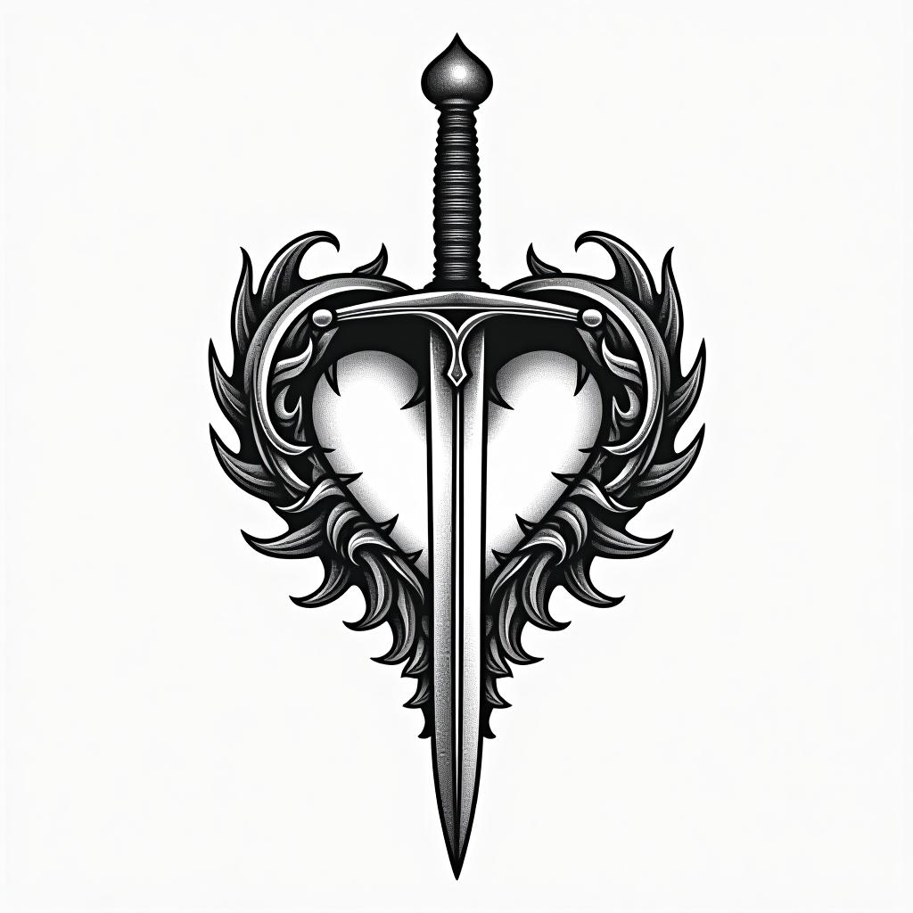  tattoo, black & white style, sword inside heart, white background