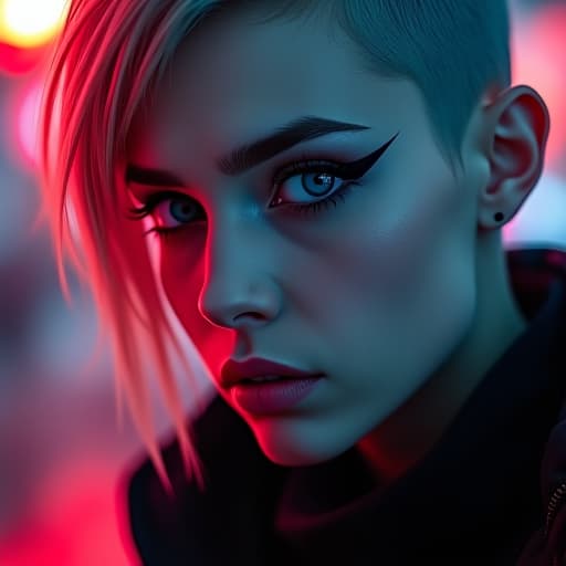  ultra realistic close up portrait ((beautiful pale cyberpunk female with heavy black eyeliner)), blue eyes, shaved side haircut, hyper detail, cinematic lighting, magic neon, dark red city, canon eos r3, nikon, f/1.4, iso 200, 1/160s, 8k, raw, unedited, symmetrical balance, in frame, 8k hyperrealistic, full body, detailed clothing, highly detailed, cinematic lighting, stunningly beautiful, intricate, sharp focus, f/1. 8, 85mm, (centered image composition), (professionally color graded), ((bright soft diffused light)), volumetric fog, trending on instagram, trending on tumblr, HDR 4K, 8K