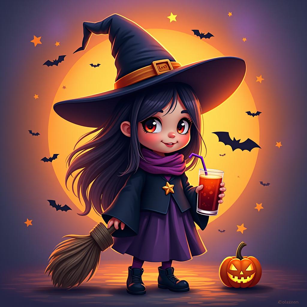  create a digital painting featuring a cute witch character. the witch should be wearing a hat. in one hand, the witch should hold a broomstick, and in the other hand, a halloween themed drink. the background should be colorful and include small black bats, pumpkins and stars to add a playful halloween touch. the overall style should be cute, whimsical, and colorful hyperrealistic, full body, detailed clothing, highly detailed, cinematic lighting, stunningly beautiful, intricate, sharp focus, f/1. 8, 85mm, (centered image composition), (professionally color graded), ((bright soft diffused light)), volumetric fog, trending on instagram, trending on tumblr, HDR 4K, 8K