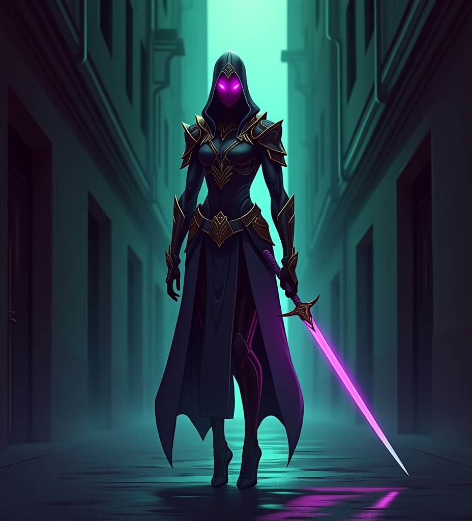  image prompt: create a highly detailed digital artwork of a tall, enigmatic character standing in a dimly lit alley. the character has a slender build and wears futuristic, samurai inspired armor with gold and dark purple accents. their helmet has a sleek, smooth design with a purple visor that obscures their face, giving them an air of mystery. the character holds a long, glowing sword in their right hand, with the blade radiating a soft, ethereal light. the setting is a narrow, dark alley with tall, shadowy buildings on either side, illuminated by dim, eerie green and purple lights that cast long shadows across the scene. the atmosphere is tense and foreboding, with the distant sound of footsteps echoing through the alley. the art style 