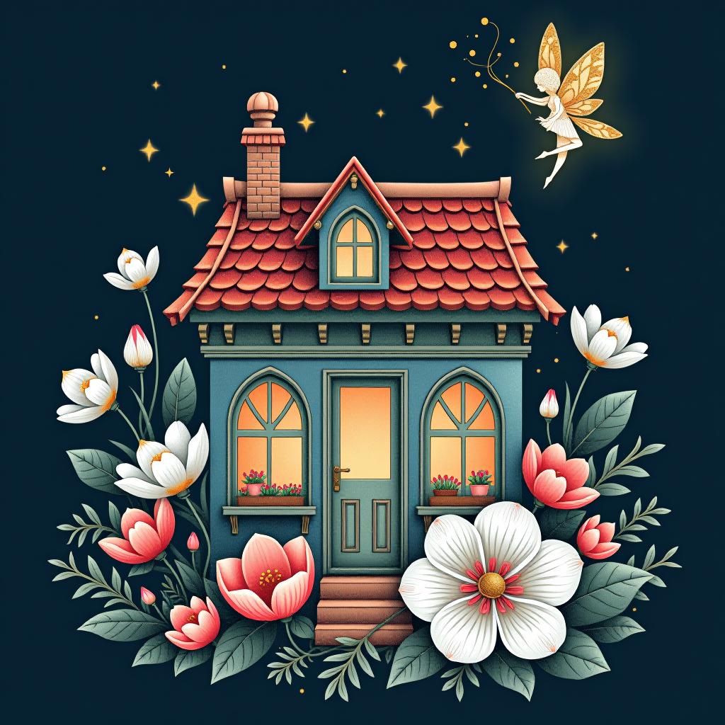  ((flower fairy shop)) ((a small house with a tiled roof and carved windows surrounded by flowers of scarlet, pink, crocus1,5)) ((in the bud of a blossoming flower sits an enchanting fairy and invites customers into her shop. (1,5 fine, fine fractal glitter bright petal line gold ink sketch on dark blue background, (pixie petal silhouette:1,3), bud outline outline, bud outline, pixie fairy leaves with wings. (flower colour):alo pink, white pink, pearl blue, pearl blue, snow white) . (style):fantasy, art design, art deco, advertising, window display, (colours):soft pink, light lavender, white, soft green, all pastel shades.