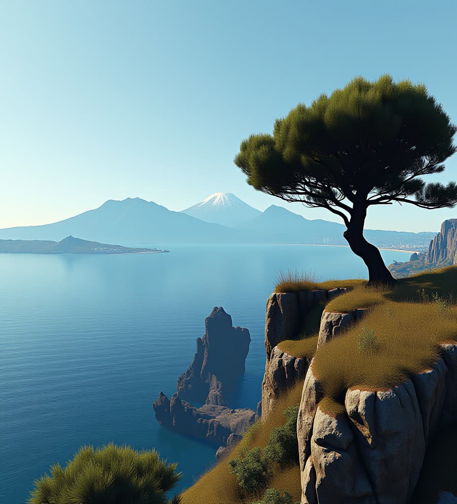  grand theft auto ps3 screenshot of the gulf of naples, with mount vesuvius and a pine. the composition is beautiful. naples seafront can be seen from far away.