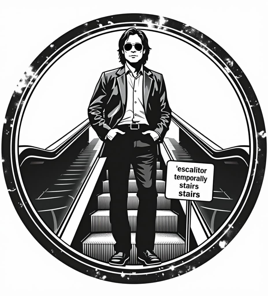  a retro styled, distressed black and white circular vector style logo of mitch hedberg standing on an escalator wearing aviator sunglasses. there is a sign in front of the escalator that says ”escalator temporarily stairs"