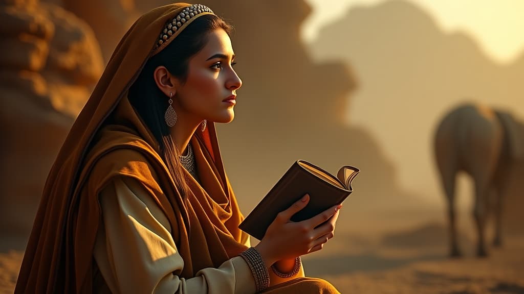  history of biblical times, hagar, reflecting deeply on the angel's questions, contemplating her journey and purpose in the wilderness. hyperrealistic, full body, detailed clothing, highly detailed, cinematic lighting, stunningly beautiful, intricate, sharp focus, f/1. 8, 85mm, (centered image composition), (professionally color graded), ((bright soft diffused light)), volumetric fog, trending on instagram, trending on tumblr, HDR 4K, 8K