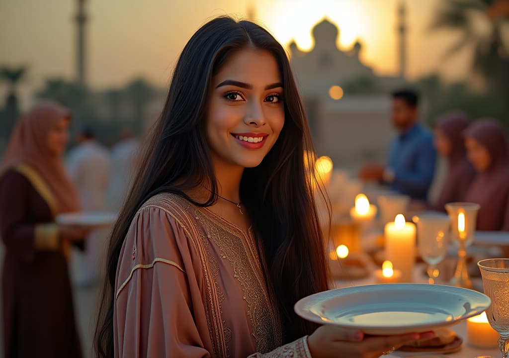  a portrait of a female arab singer looks like donia samir ghanim wearing a kaftan traditional qatar cloth,long black hair in a family gathering in an outdoor setting, family setting up tables, carrying plates with joy, for iftar of ramadan in an enchanting family joyful atmosphere with qatar landmark in the background, high quality, high details, hd, perfect composition, 4k epic detailed, highly detailed, sharp focus, high resolution