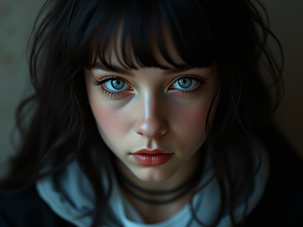  cinematic photo raw lighting, over, harsh flash, masterpiece, ultra realistic 8k, (best quality), highly detail, sharp, detailed,higher resolution textures, 4k graphic resolution, 1, solo, beautiful , perfect eyes, , cute face, pose, pose, goth , blue eyes, oily skin, shiny skin, black hair hime cut, gles, looking downwards, gigantic s, heavy s, delicate body, . 35mm photograph, film, bokeh, professional, 4k, highly detailed hyperrealistic, full body, detailed clothing, highly detailed, cinematic lighting, stunningly beautiful, intricate, sharp focus, f/1. 8, 85mm, (centered image composition), (professionally color graded), ((bright soft diffused light)), volumetric fog, trending on instagram, trending on tumblr, HDR 4K, 8K