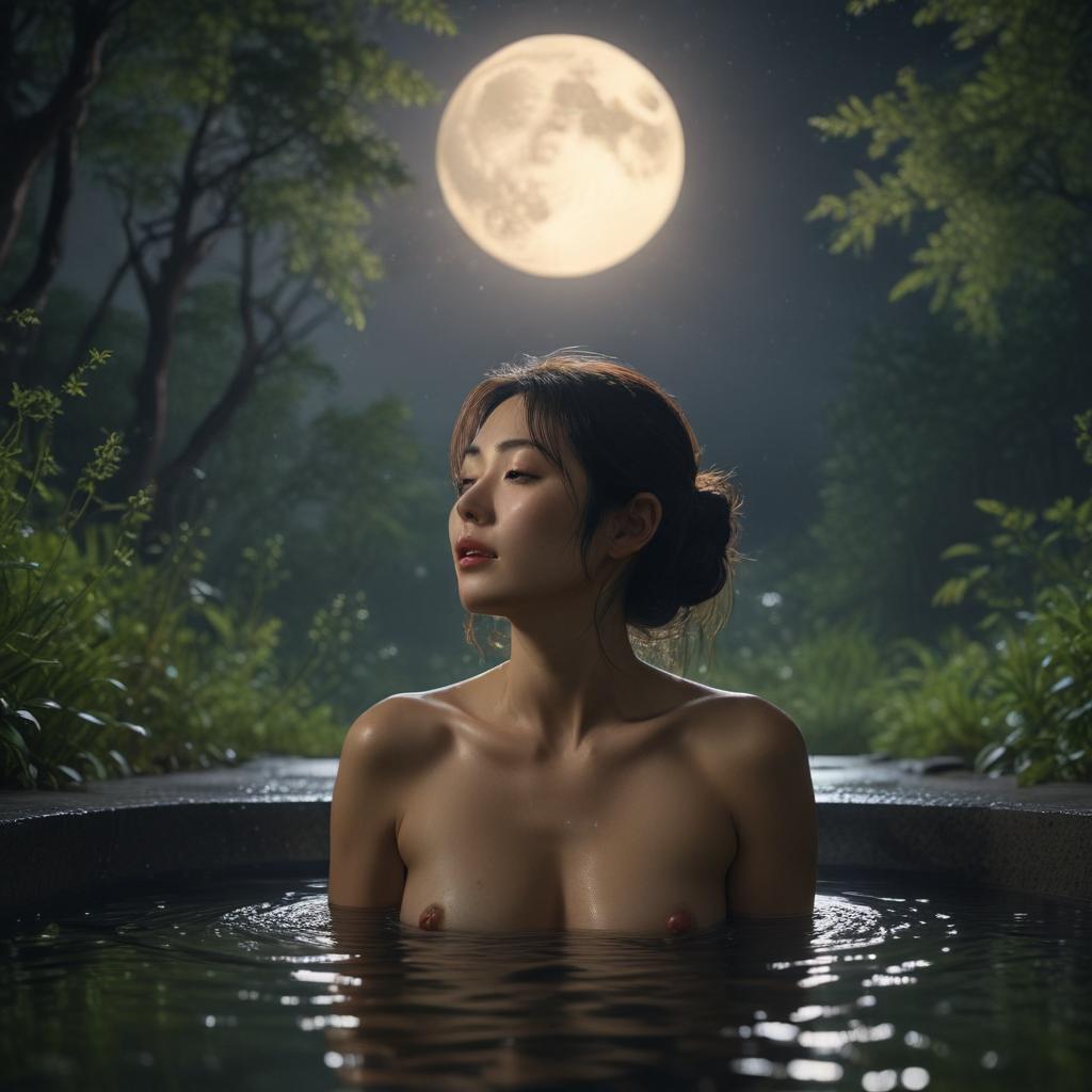 ((masterpiece)),(((best quality))), 8k, high detailed, ultra detailed, A stunning image of a Japanese woman in a secluded outdoor hot spring, fireflies dancing in the night sky, a full moon casting a soft light on the scene, lush greenery surrounding the bath hyperrealistic, full body, detailed clothing, highly detailed, cinematic lighting, stunningly beautiful, intricate, sharp focus, f/1. 8, 85mm, (centered image composition), (professionally color graded), ((bright soft diffused light)), volumetric fog, trending on instagram, trending on tumblr, HDR 4K, 8K