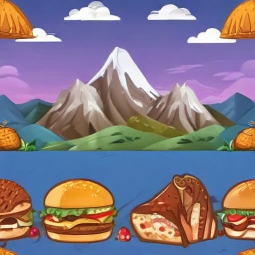 Food in Cartoon style with Mountains background