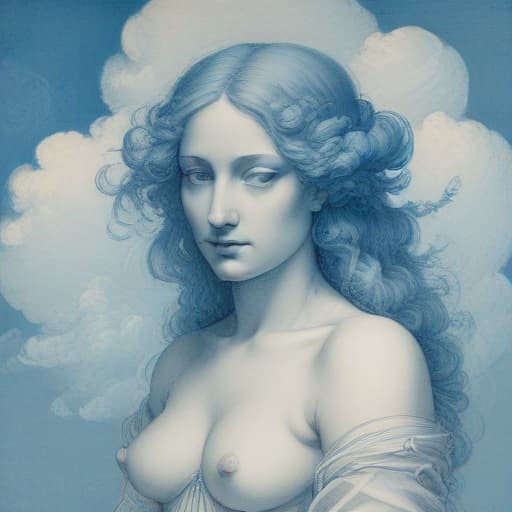 A cloud covered woman, surrounded in blue drawing by Da Vinci