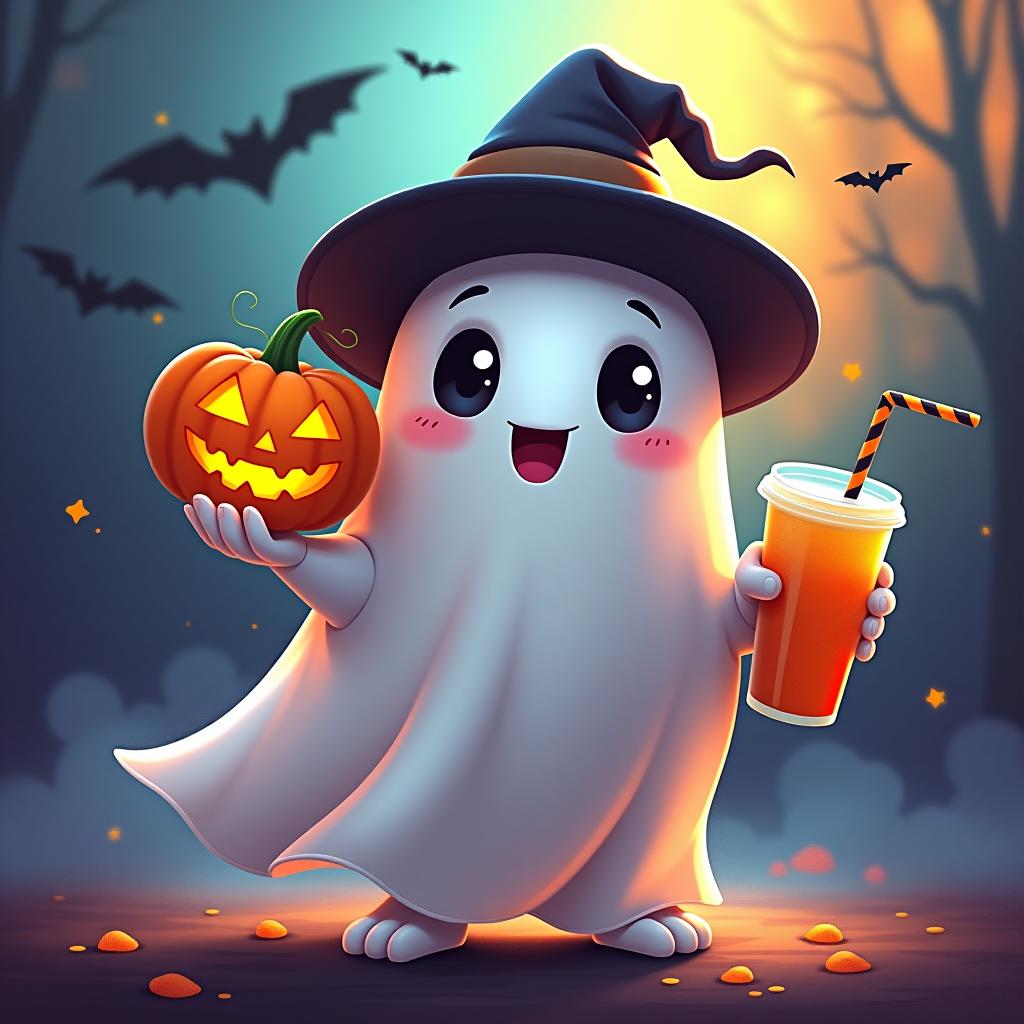  create a digital painting featuring a cute ghost character. the ghost should be wearing a hat. in one hand, the ghost should hold a pumpkin with a carved face, and in the other hand, a halloween themed drink. the background should be colorfull and include small black bats and stars to add a playful halloween touch. the overall style should be cute, whimsical, and colorful hyperrealistic, full body, detailed clothing, highly detailed, cinematic lighting, stunningly beautiful, intricate, sharp focus, f/1. 8, 85mm, (centered image composition), (professionally color graded), ((bright soft diffused light)), volumetric fog, trending on instagram, trending on tumblr, HDR 4K, 8K