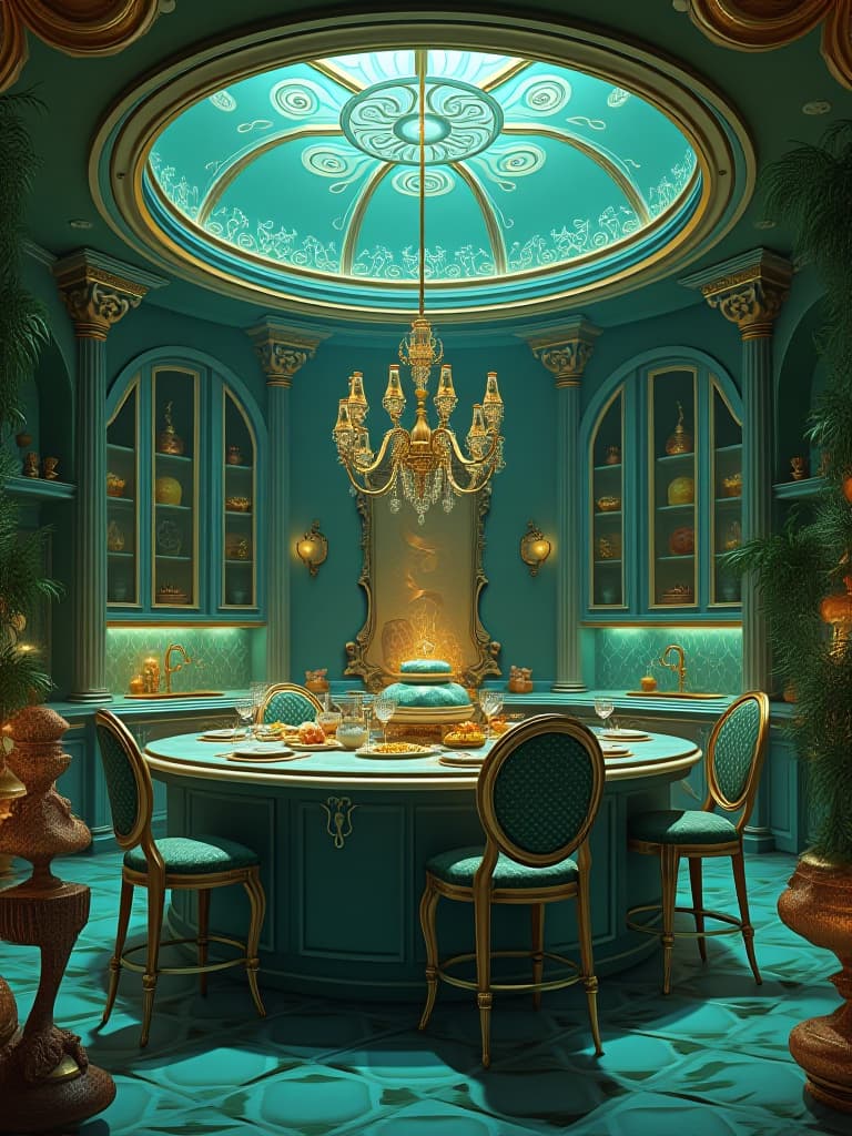  a luxurious mermaid mansion in the deep sea mermaid kitchen . the house is round and big metallic green and gold ver shiny . the kitchen is full of mermaid food . mermaid tale chairs