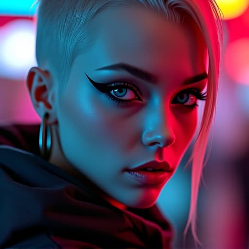  ultra realistic close up portrait of a beautiful pale cyberpunk female with heavy black eyeliner, blue eyes, shaved side haircut, hyper detail, cinematic lighting, magic neon, dark red city, canon eos r3, f/1.4, iso 200, 8k hyperrealistic, full body, detailed clothing, highly detailed, cinematic lighting, stunningly beautiful, intricate, sharp focus, f/1. 8, 85mm, (centered image composition), (professionally color graded), ((bright soft diffused light)), volumetric fog, trending on instagram, trending on tumblr, HDR 4K, 8K