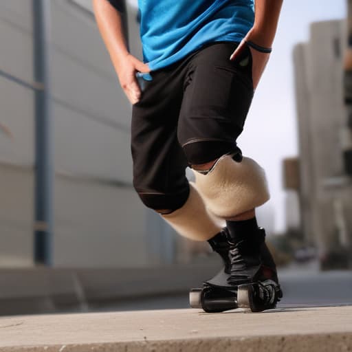 An image of a skateboarder wearing durable (((knee pads))), casual clothes, looking away from the camera in an urban setting, doing a trick, with soft lighting, detailed.