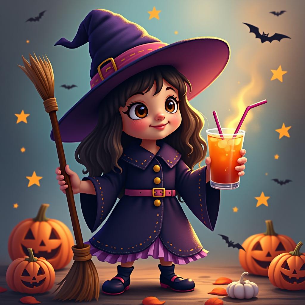  create a digital painting featuring a cute witch character. the witch should be wearing a hat. in one hand, the witch should hold a broomstick, and in the other hand, a halloween themed drink. the background should be colorful and include small black bats, pumpkins and stars to add a playful halloween touch. the overall style should be cute, whimsical, and colorful hyperrealistic, full body, detailed clothing, highly detailed, cinematic lighting, stunningly beautiful, intricate, sharp focus, f/1. 8, 85mm, (centered image composition), (professionally color graded), ((bright soft diffused light)), volumetric fog, trending on instagram, trending on tumblr, HDR 4K, 8K