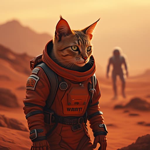  in a scene where the crimson martian landscape stretches endlessly, hemule, the anthropomorphic light brown tabby cat with striking green eyes and edgy charisma, stands boldly. hemule's immaculate style contrasts with the rugged terrain, wearing a sleek spacesuit adorned with futuristic accents. the martian sky is a mix of dusty oranges and purples, casting an otherworldly glow on hemule's rebellious demeanor. in the distance, elon musk, with his distinct features and visionary gaze, watches in awe as hemule explores the mysterious red planet. the image blends realism with a touch of sci fi, capturing the essence of exploration and innovation in a visually captivating way. hyperrealistic, full body, detailed clothing, highly detailed, cinematic lighting, stunningly beautiful, intricate, sharp focus, f/1. 8, 85mm, (centered image composition), (professionally color graded), ((bright soft diffused light)), volumetric fog, trending on instagram, trending on tumblr, HDR 4K, 8K