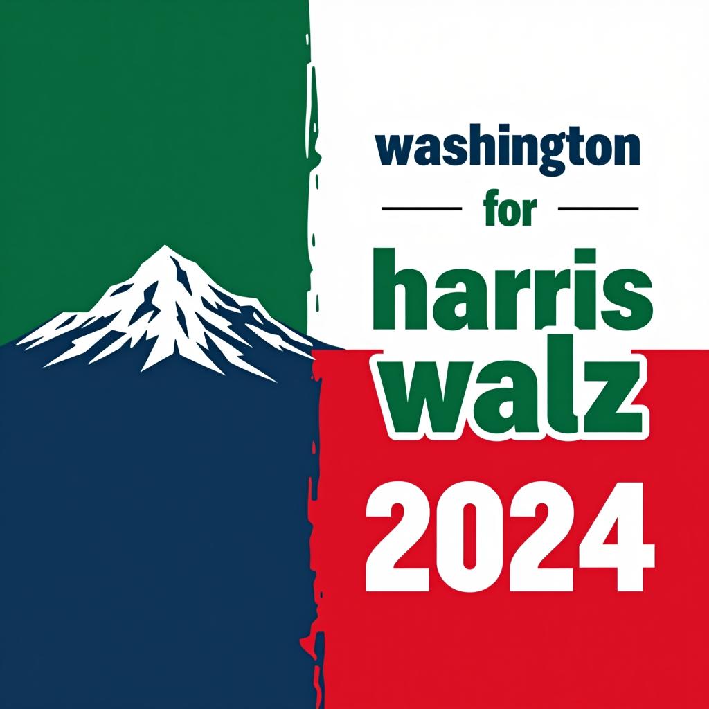  a tshirt design inspired by the washington state flag. the left side features a green vertical stripe with a large mountain in the center. the right side is divided into two horizontal sections: the top section is white with the text 'washington for' in bold, green, uppercase letters, and the bottom section is red with the text 'harris walz 2024' in bold, white, uppercase letters. the overall layout is clean and straightforward, with a clear and patriotic color scheme of blue, white, and red.