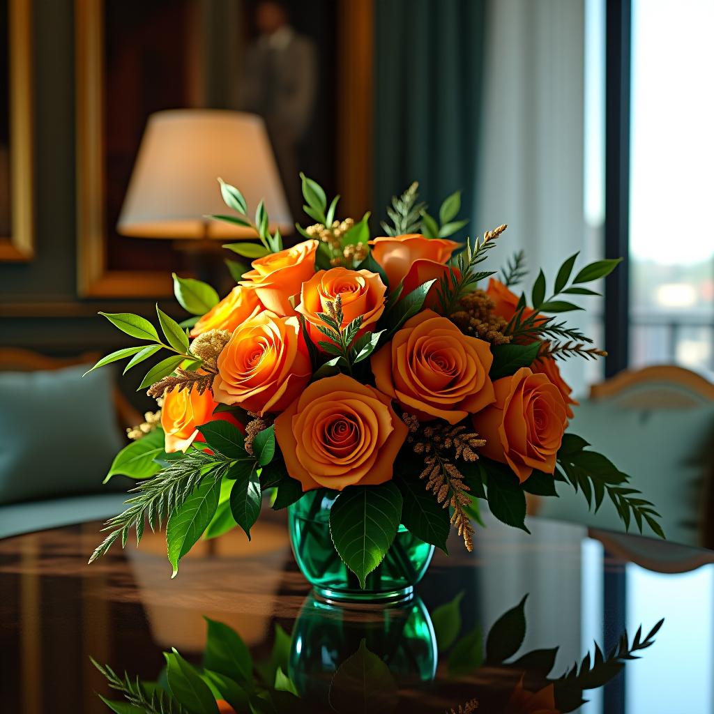  in an expensive interior, there is a bouquet on the table in gucci style featuring emerald green, gold, and orange colors.