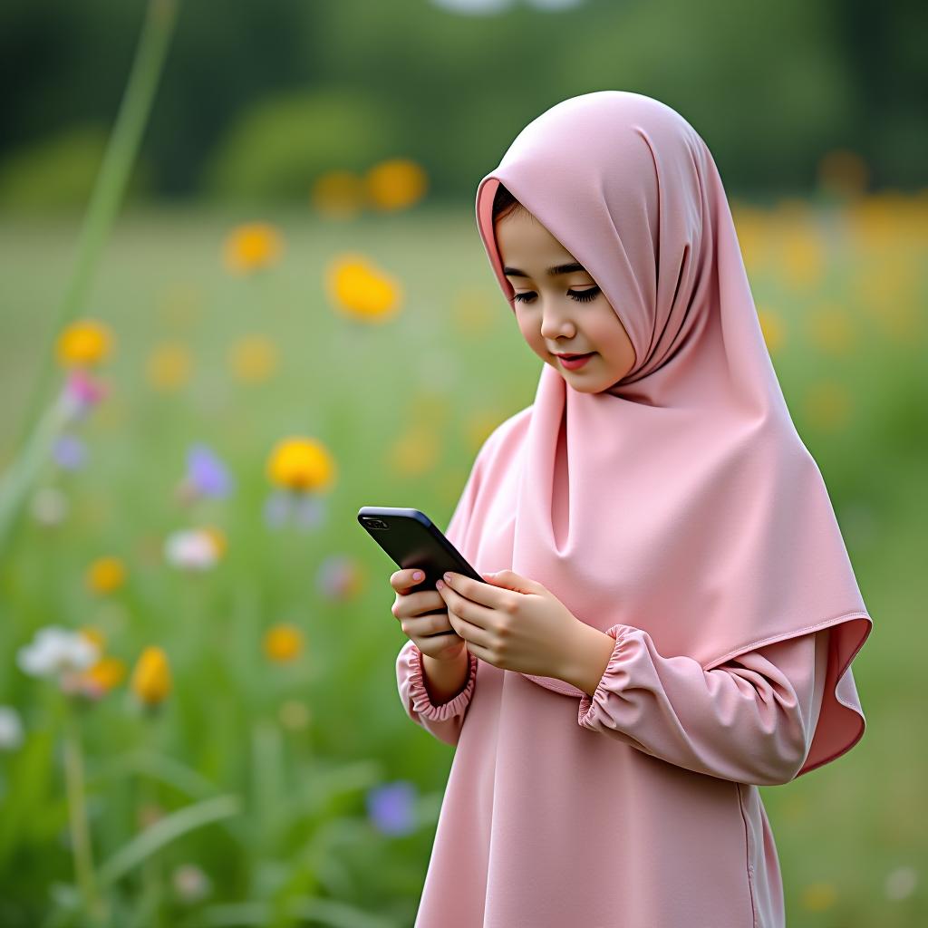  a girl in a pink hijab without a face is looking at her phone against the backdrop of a meadow and beautiful flowers.