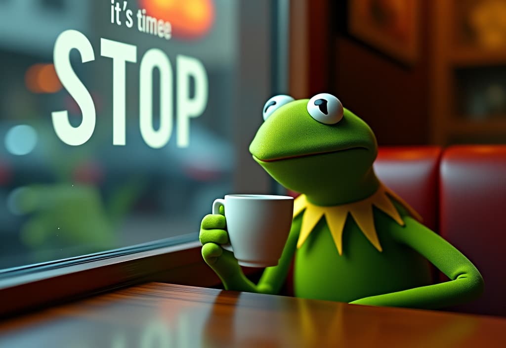  kermit the frog holding a tea cup near his lips, sitting in a cafe booth near the window, with light rain outside, big text titile "it's time to stop" hyperrealistic, full body, detailed clothing, highly detailed, cinematic lighting, stunningly beautiful, intricate, sharp focus, f/1. 8, 85mm, (centered image composition), (professionally color graded), ((bright soft diffused light)), volumetric fog, trending on instagram, trending on tumblr, HDR 4K, 8K