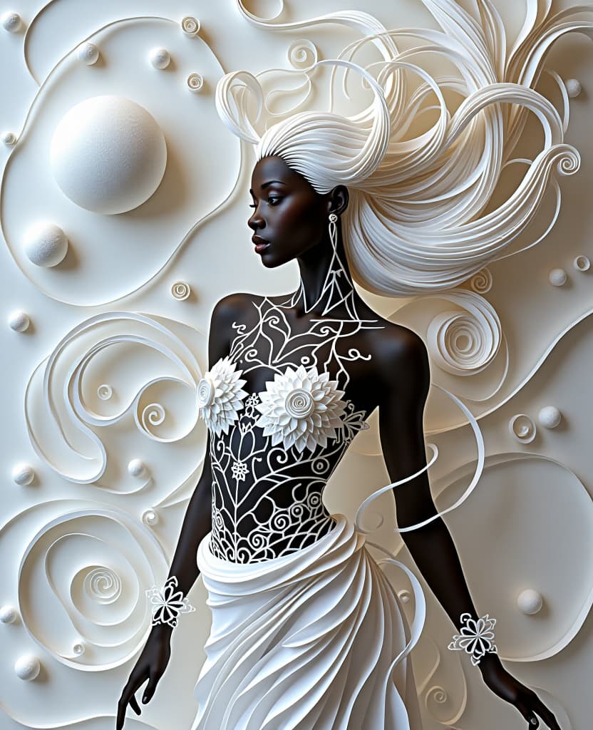  paper quilling art of (dark skinned young african girl: 3.9) with long straight snow white hair covered with white ephemeral luminescent tattoos all over her body from her chest to her lower abdomen in intricate patterns, a mesmerizing and magical aura, intricate details (demonstrating a mesmerizing dance in motion). against the background of abstract planets, . intricate, delicate, curling, rolling, shaping, coiling, loops, 3d, dimensional, ornamental hyperrealistic, full body, detailed clothing, highly detailed, cinematic lighting, stunningly beautiful, intricate, sharp focus, f/1. 8, 85mm, (centered image composition), (professionally color graded), ((bright soft diffused light)), volumetric fog, trending on instagram, trending on tumblr, HDR 4K, 8K