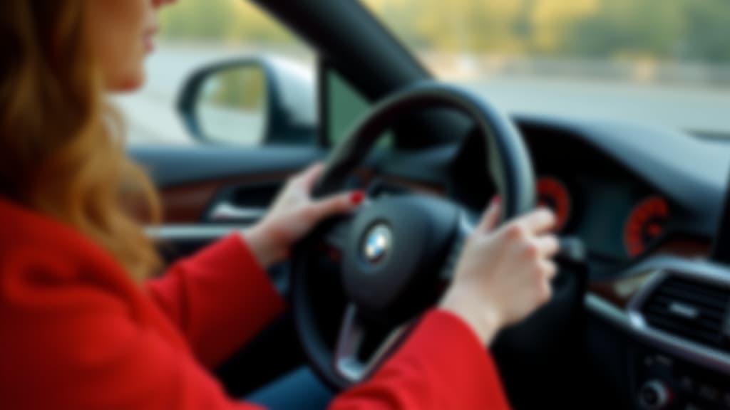  female hands with red painted nails on the steering wheel, woman sitting in a luxurious car interior in black and red colors. lady automobile driver, holding drivers wheel, controlling vehicle,turning