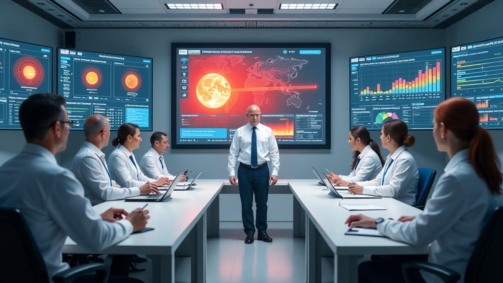  prompt: create a hyper realistic image of a futuristic meeting room where the federal minister of health lauterbach is leading a discussion on a national heat plan. the room is filled with representatives from various sectors, each wearing uniforms adorned with logos of healthcare organizations and government agencies. lauterbach, depicted with precise anatomical details and a determined expression, is surrounded by screens displaying data on heatwaves and heat related deaths. in the center, a p