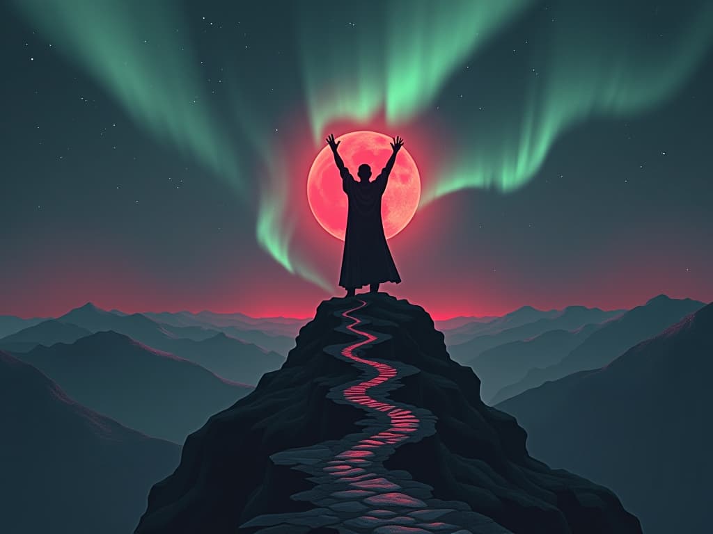  a triumphant figure standing on a mountain peak, arms raised towards the heavens. the sky is filled with auroras, symbolizing achievement and the journey taken. behind, a winding path displays milestones reached. exultant, radiant, panoramic view.. the style is dark fantasy and mysterious occult, symbolic, moody lighting, esoteric vibe,high detail on character design. for the color scheme emphasize blacks and reds.