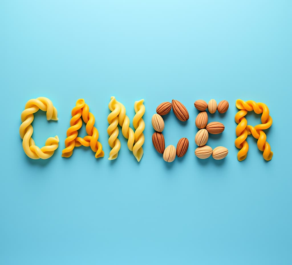  creative concept of the word cancer spelled with food including macaroni and nuts against a blue background, depicting health and awareness.