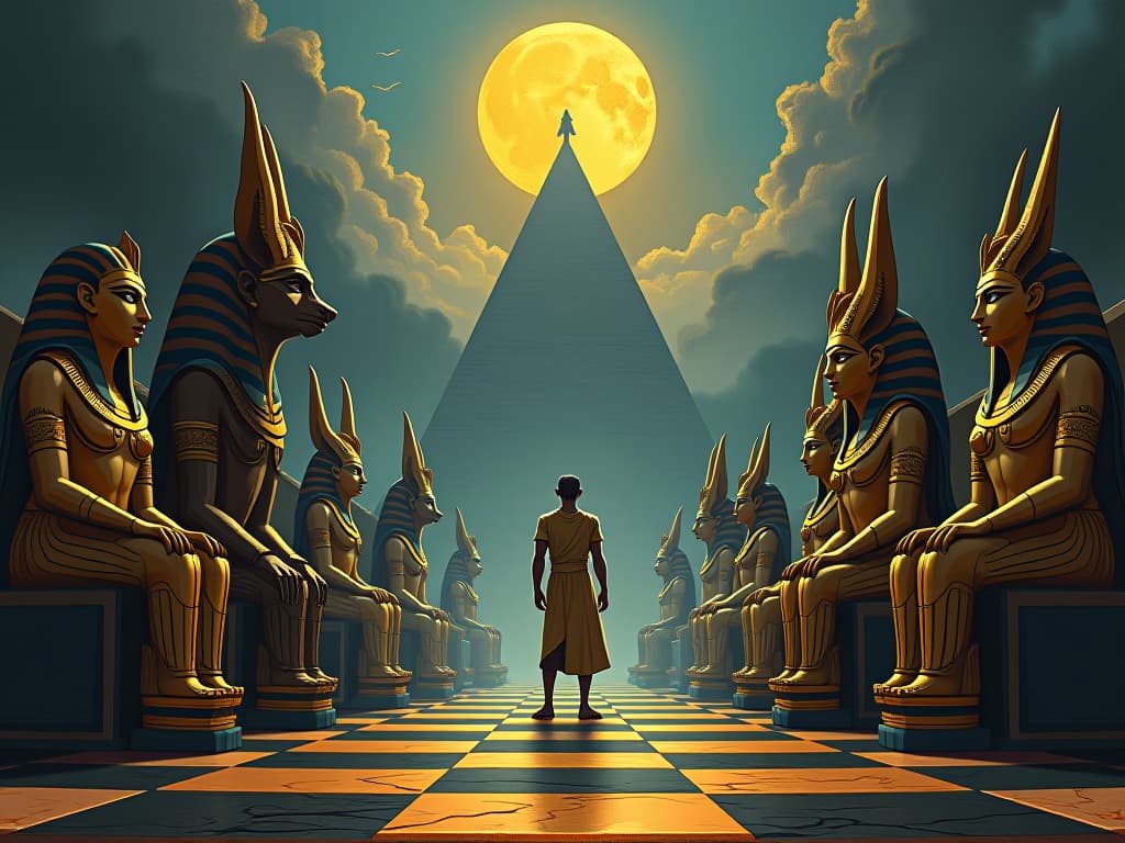  chessboard with egyptian deities as pieces, emphasizing the player's power in the economic game. the style is digital art illustration / modern comic book / mysterious occult, symbolic, esoteric vibe,high detail on character design, incorporating ancient egyptian symbology and attire.