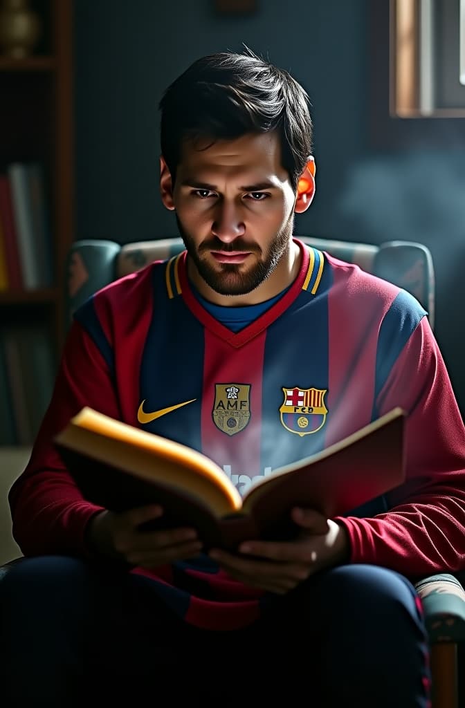  messi, leyendo un libro y que en la portada del libro dice picasso ia hyperrealistic, full body, detailed clothing, highly detailed, cinematic lighting, stunningly beautiful, intricate, sharp focus, f/1. 8, 85mm, (centered image composition), (professionally color graded), ((bright soft diffused light)), volumetric fog, trending on instagram, trending on tumblr, HDR 4K, 8K