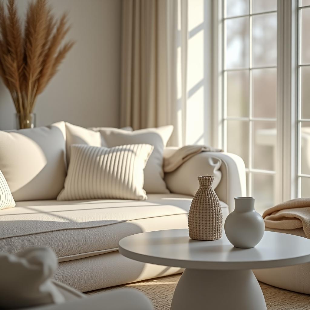  capture a stunningly beautiful, hyperrealistic 8k photograph of a scandinavian style living room, defined by its simplicity, functionality, and warm, inviting atmosphere. this unedited, professionally color graded image features a close up, highly detailed view of decor or furniture under bright, soft, diffused light, highlighting the intricate, dense furnishings and decorations. the color scheme centers around variations of white, including off white (rgb 255, 255, 240), silk white, cream white, antique white, and chalk white, with white as the dominant tone supported by subtle accents. the composition achieves symmetrical balance and sharp focus, enhanced by hdr and an intricate background blur that elevates the scene’s aesthetic appeal