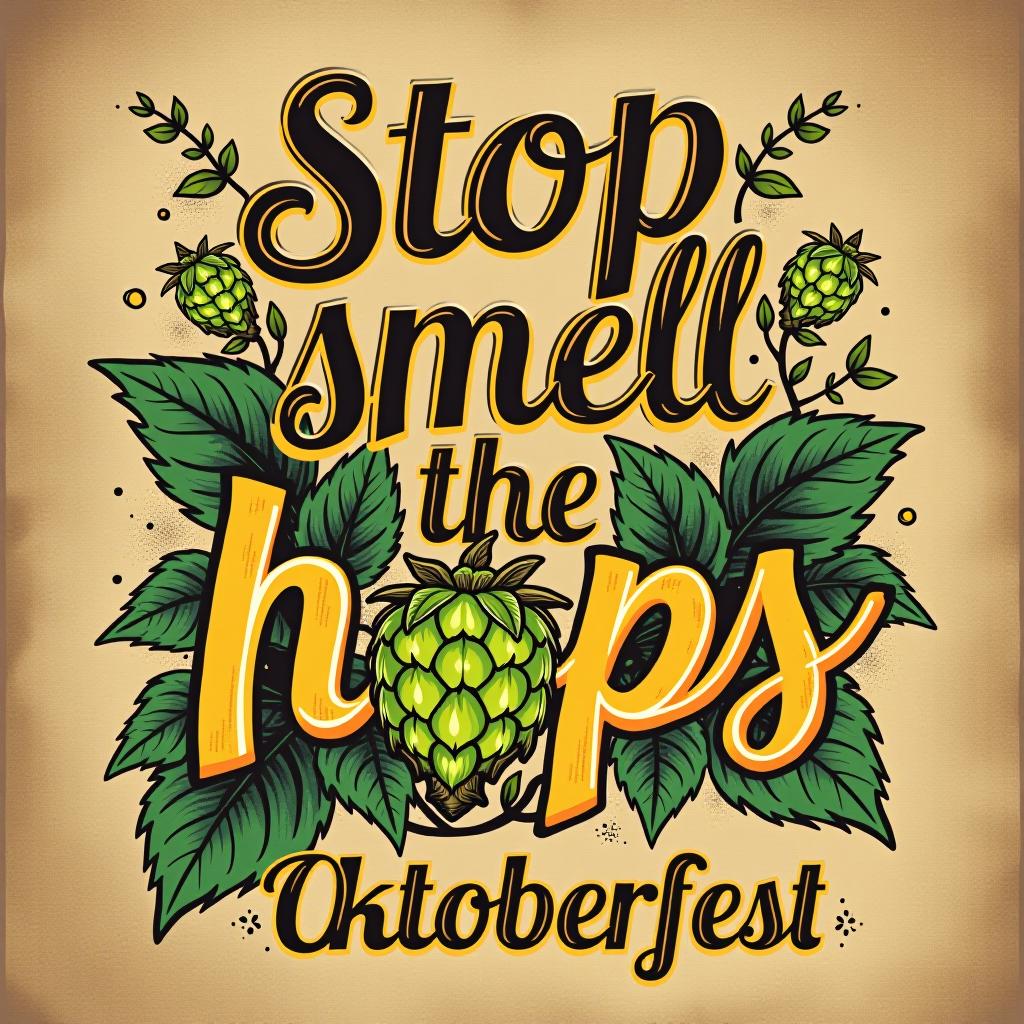  cheerful 'stop and smell the hops.' in wavy font with hop flower and rustic textures. place the word oktoberfest at the bottom of the image