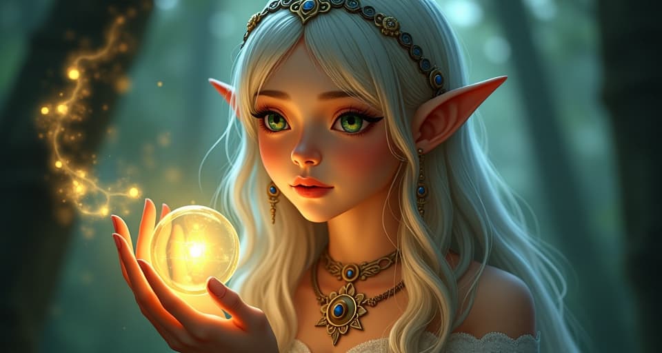  a mystical elf, discovering a hidden part of herself, illuminated by ethereal light. her expression is one of understanding, surrounded by symbols of an ancient, divine language.. the style is digital art illustration,highly detailed, whimsical,magical, dreamlike atmosphere, realism and fantasy blend, smooth, glossy textures,luminous quality, wonder and enchantment.