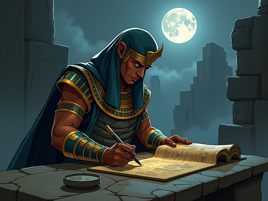  ancient egyptian warrior in elaborate armor, drawing a detailed battle plan on a stone tablet, full moon overhead, determined and focused ambiance. the style is digital art illustration / modern comic book / mysterious occult, symbolic, esoteric vibe,high detail on character design, incorporating ancient egyptian symbology and attire.