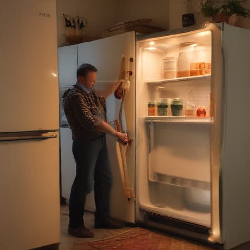 A photo of a skilled technician repairing a vintage refrigerator in a cozy kitchen during the soft glow of early evening with warm, ambient lighting.