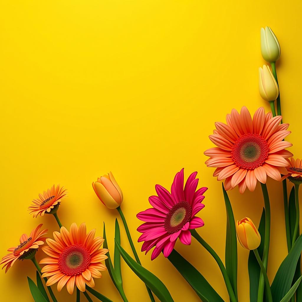  vibrant and cheerful floral arrangement on a yellow background , bright, cheerful, flowers, yellow, vibrant, colorful, spring