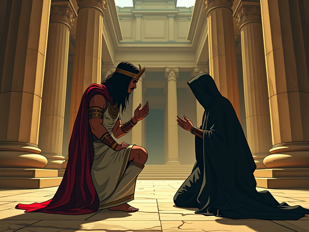  an emperor and a warrior kneeling before a veiled priestess, the backdrop of a grand roman temple, profound reverence. the style is digital art illustration / modern comic book / mysterious occult, symbolic, esoteric vibe,high detail on character design, incorporating ancient egyptian symbology and attire.